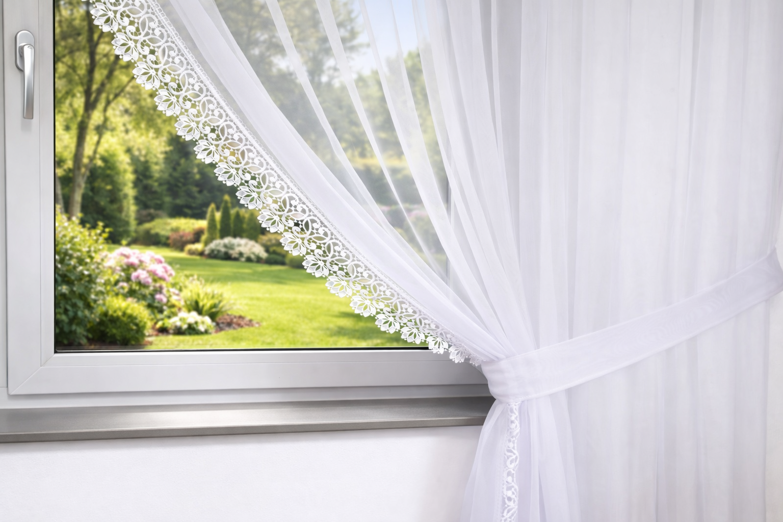 Firanka na okno tarasowe Marietta z doszytą 10 cm koronką.