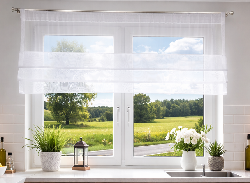 Gotowa krótka roletka firanka do kuchni z woalu K-3