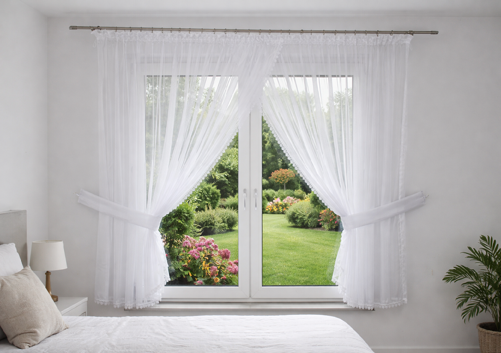 Firanka do pokoju upięta na dwie strony woal z gipiurą Dalia