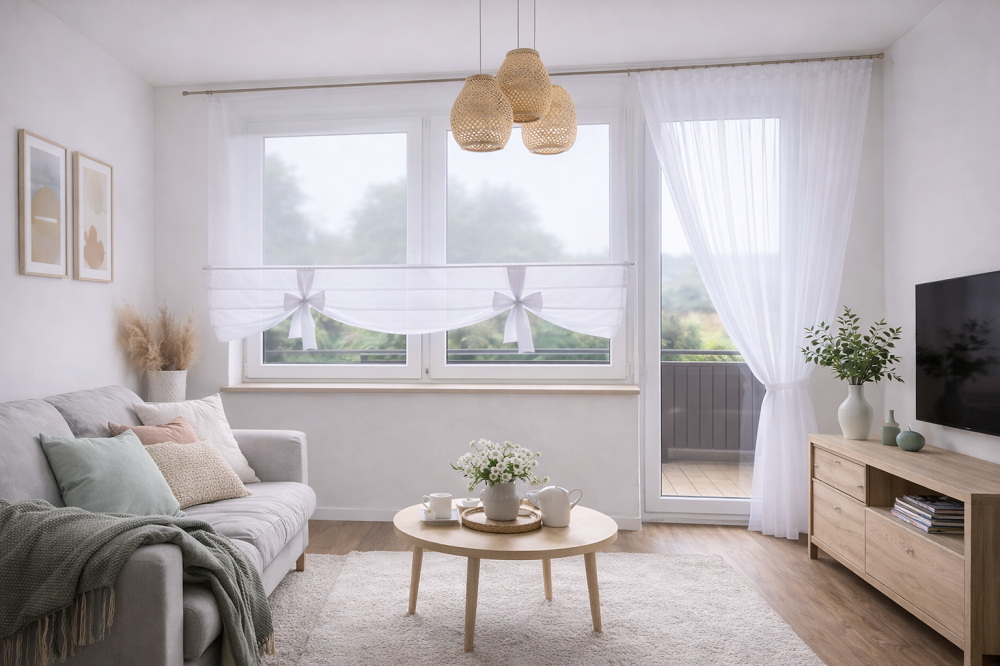 Delikatna firanka na okno balkonowe roletka z szalem Azalia kar. 300 cm