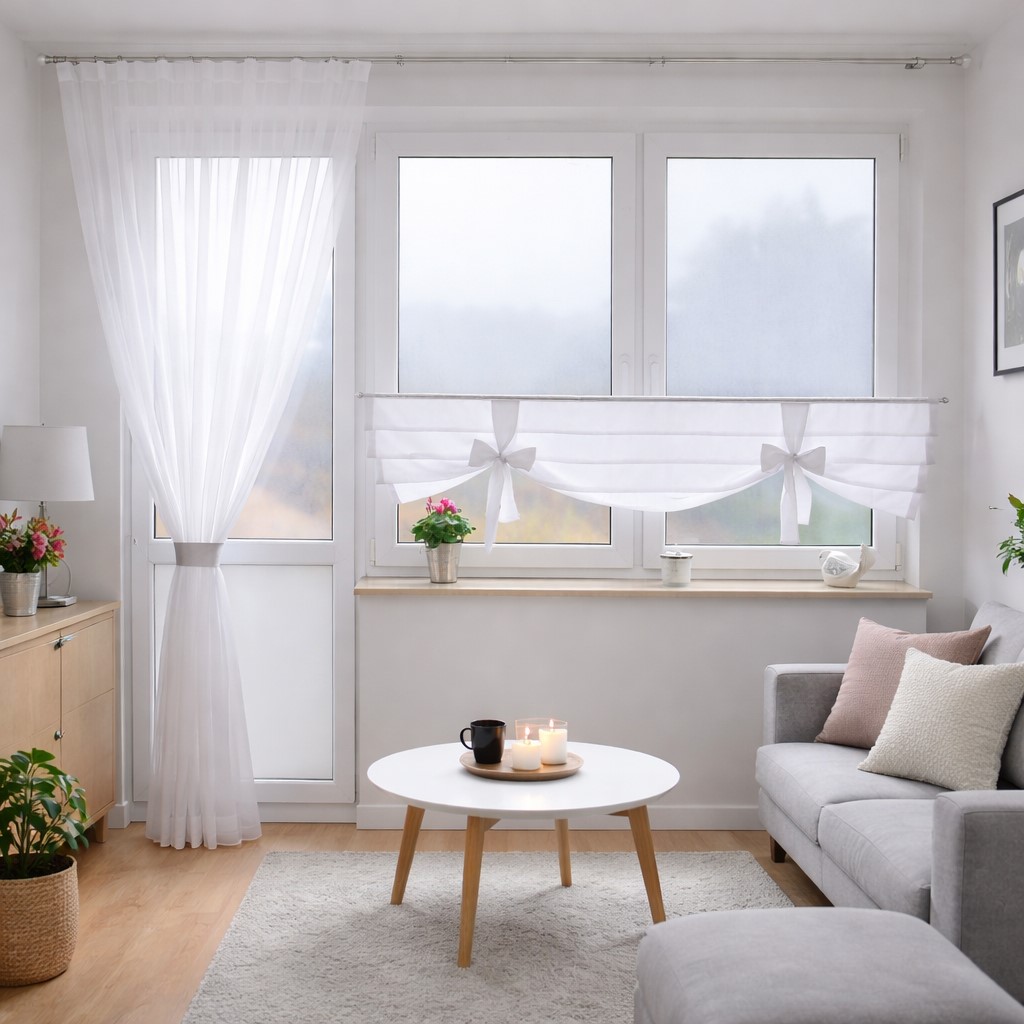 Delikatna firanka na okno balkonowe roletka z szalem Azalia kar. 300 cm